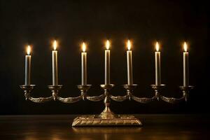 ljusstake med brinnande ljus för Hanukkah, ai genererad foto