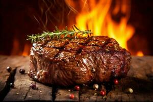 biff mörk mat rå kött röd friterad grill brand bakgrund nötkött. generativ ai. foto