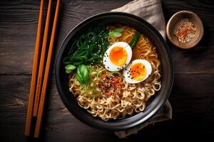 nudel matpinne skål måltid vegetabiliska japansk soppa mat asiatisk Ramen. generativ ai. foto