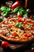 mat kopia ost italiensk Plats Italien bakgrund tomat mat svart snabb måltid pizza. generativ ai. foto