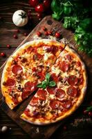 kopia pizza rustik bakgrund mat svart tomat snabb ost måltid mat Plats italienska. generativ ai. foto