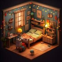 3d framställa av söt sovrum med skrivbordet illustrationer, söt barn sovrum illustrationer foto