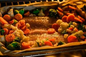 rå hav bas fisk filea med salt, kryddor och grönsaker i en bakning maträtt foto