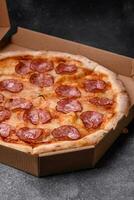 gott färsk pizza med salami, ost, tomater, kryddor och salt foto