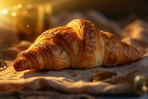 mat dryck tabell bokeh croissant bakgrund kopp frukost bageri bokeh bakgrund morgon. generativ ai. foto