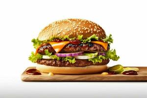 mellanmål kött nötkött bakgrund snabb hamburgare vit mat burger mat smörgås snabb. generativ ai. foto