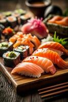 ris japansk rulla måltid skaldjur fisk japan sushi mat uppsättning. generativ ai. foto