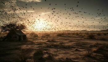 silhuett av flygande djur- i dammig afrikansk solnedgång genererad förbi ai foto