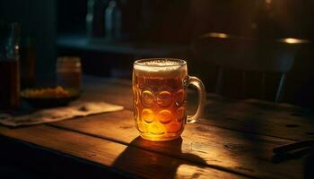 skummande öl i guld glas på trä- tabell genererad förbi ai foto
