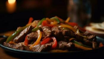 grillad nötkött och vegetabiliska tallrik, redo till äta genererad förbi ai foto