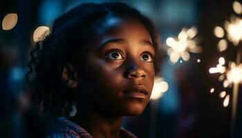ung afrikansk kvinna leende, upplyst förbi jul lampor genererad förbi ai foto