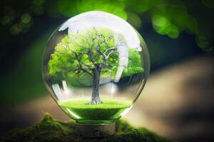 generativ ai. ett elektrisk ljus Glödlampa och en träd inuti Det. på en grön gräs bakgrund. jord dag. solljus i natur. energi sparande begrepp foto