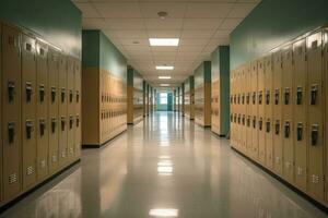tömma skola korridorer fylld med förvaringsskåp ai genererad foto
