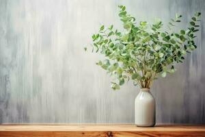eukalyptus i en vas med trä- skrivbord ai genererad foto