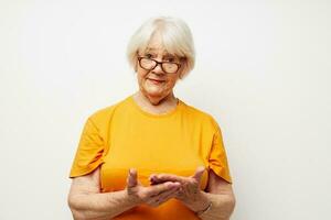 emotionell äldre kvinna hälsa livsstil glasögon behandling närbild foto