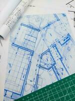 arkitektonisk bakgrund, golv planen teckning, teknisk planen, blå skriva ut foto