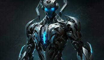 trogen robot cyborg med metallisk torso och blå robot ärm genererad förbi ai foto