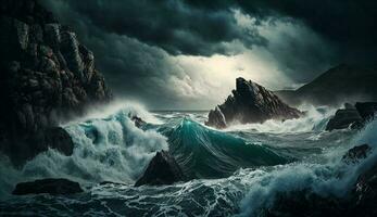 en majestätisk kustlinje kraschar vågor och spray genererad förbi ai foto