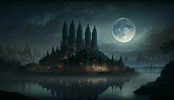 natt falls på en läskigt gotik skyskrapa genererad förbi ai foto