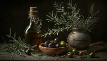 färsk grön oliver på en rustik trä- gren genererad förbi ai foto