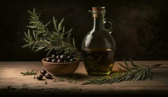 friskhet och natur i en flaska av oliv olja genererad förbi ai foto