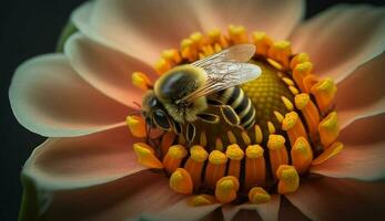 natur skönhet förkroppsligade i bi pollinerande blomma genererad förbi ai foto