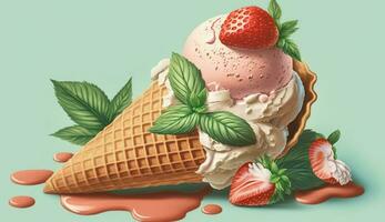 sommar gourmet efterrätt jordgubb is grädde kon ,generativ ai foto