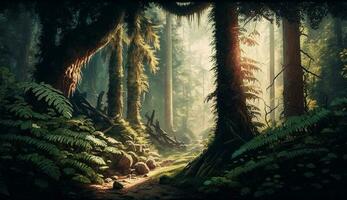 förtjusande skog landskap ormbunke, blad, och mysterium ,generativ ai foto
