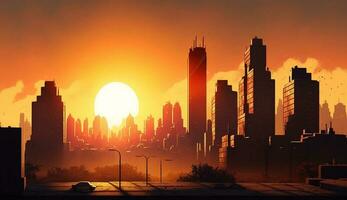 solnedgång över stadsbild silhuett urban horisont upplyst ,generativ ai foto