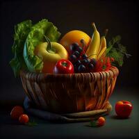 stänga upp frukt och grönsaker friska mat i korg ,generativ ai foto