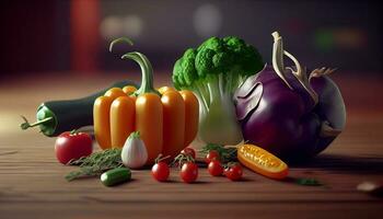 färsk och friska grönsaker i trä tabell ,generativ ai foto