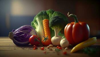 färsk grönsaker i trä- tabell friska mat ,generativ ai foto