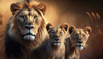 majestätisk lejon med henne två ungar ,generativ ai foto