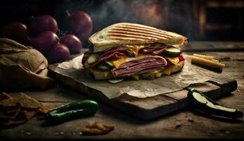 färsk grillad nötkött ciabatta smörgås med grönsaker ,generativ ai foto