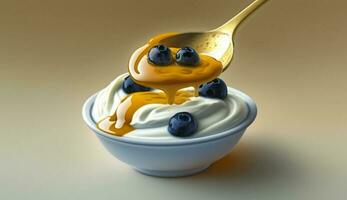 mat sked blåbär tecknad serie efterrätt skål frukt gourmet djur- måltid yoghurt illustration ,generativ ai foto