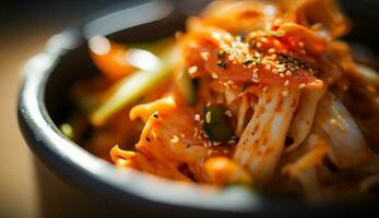 färsk vegetabiliska pasta måltid på gourmet porslin tallrik ,generativ ai foto