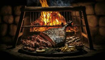 kött matlagning på grill, rök och lågor ,generativ ai foto