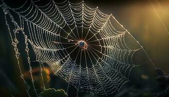 Spindel snurrar webb i dagg täckt natur ,generativ ai foto