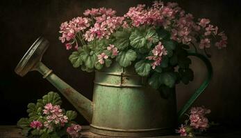 en rosa blomma pott och vattning kan genererad förbi ai foto
