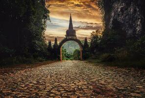 landskap av skön soluppgång på khao na nai luang dharma parkera i surat än mig, thailand foto