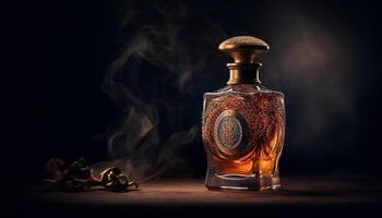 gammal fashioned whisky flaska på brinnande trä tabell, rök stigande elegant genererad förbi ai foto