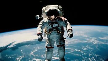 ett astronaut stående i Plats kostym, utforska de galax äventyr genererad förbi ai foto
