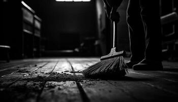 ett man sotning golv med kvast och sopskyffel inomhus genererad förbi ai foto