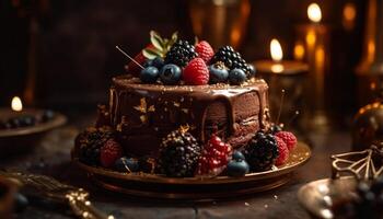en dekadent choklad cheesecake med färsk bär dekoration och ljus flamma genererad förbi ai foto