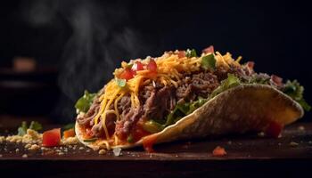 grillad nötkött taco med färsk grönsaker, guacamole, och kryddad sås genererad förbi ai foto
