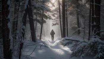 ett person gående i vinter- skog, njuter ensamhet och äventyr genererad förbi ai foto
