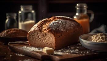 rustik hela vete baguette bakad med organisk mejeri och Smör genererad förbi ai foto