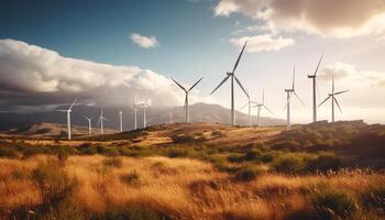 de vind turbin propeller snurrar, alstrande förnybar elektricitet för industri genererad förbi ai foto