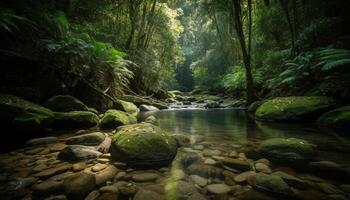en lugn scen i en tropisk regnskog med strömmande vatten genererad förbi ai foto