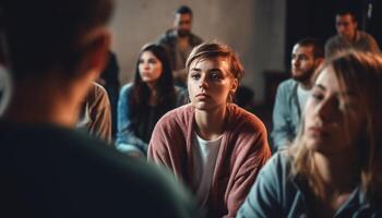 en stor grupp av leende ung vuxna i en seminarium genererad förbi ai foto